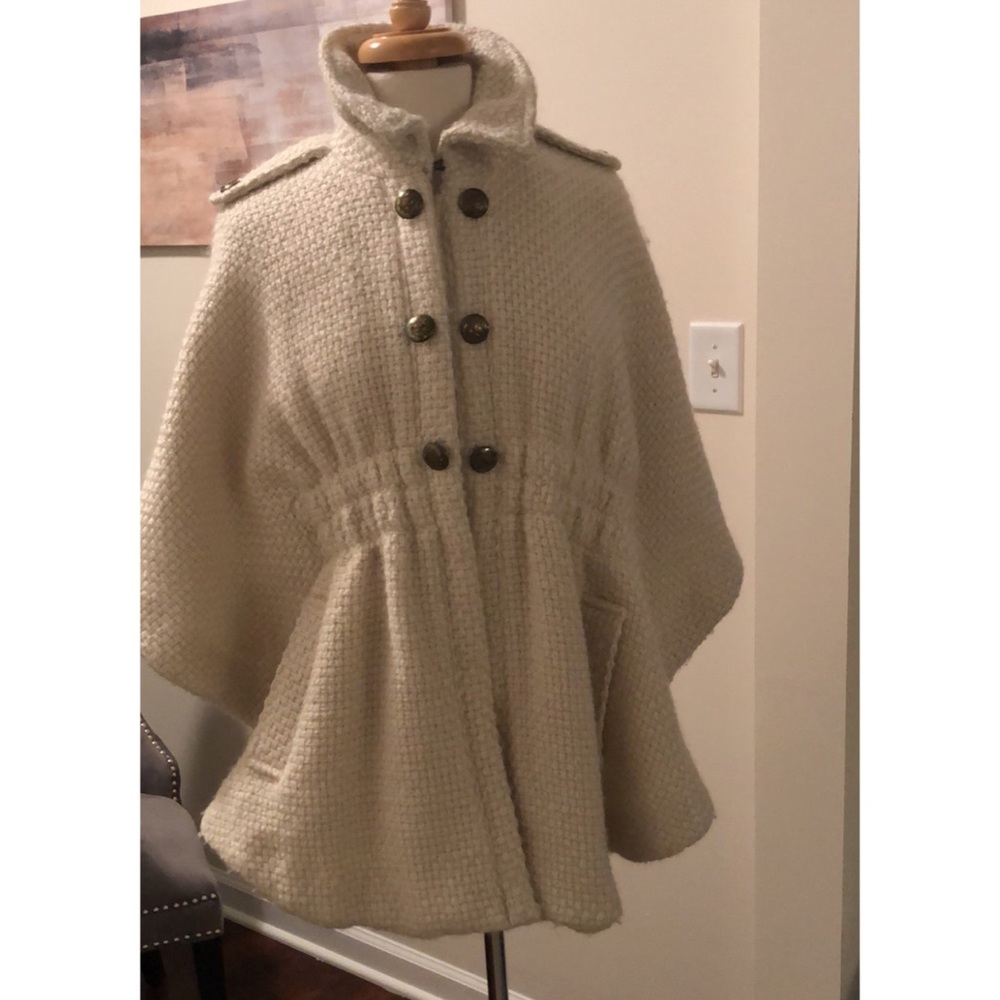 Ivory Wool Blend Cape Jacket with Pockets